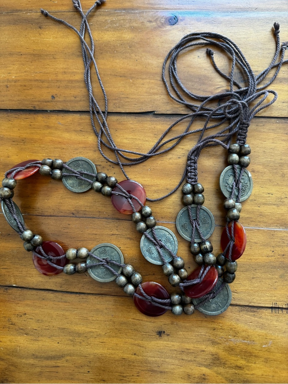 Bohemian Coin and Amber Bead Necklace - Brown and Red